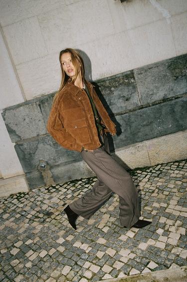 PANTALÓN RECTO CUADROS CINTURÓN - Marrón / Crudo de Zara