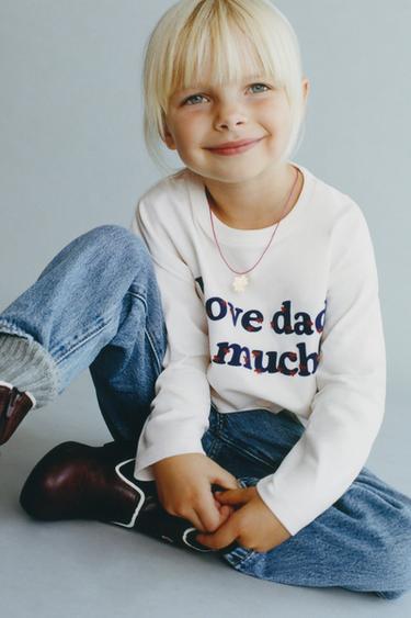 T-SHIRT WITH FLOCKED SLOGAN - Blue by Zara