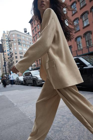 LINEN BLEND WIDE-LEG TROUSERS WITH DARTS - camel by Zara