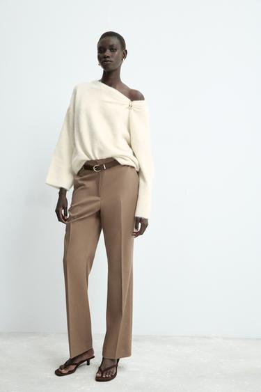 PANTALÓN RECTO CINTURÓN - Camel medio de Zara