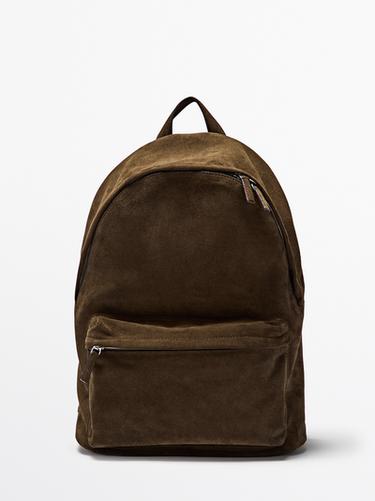 Zara Suede leather backpack with zip - Khaki