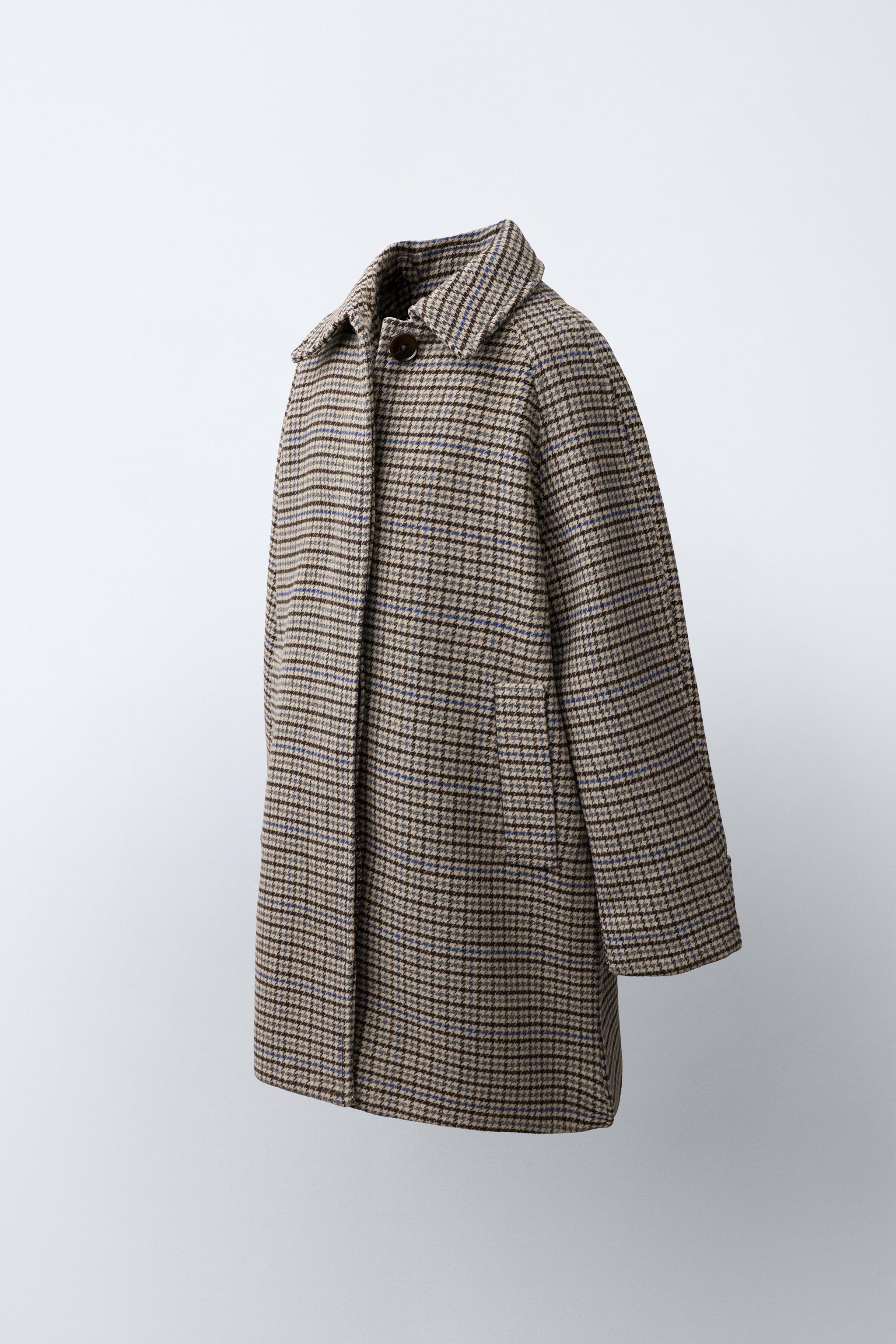 ウール混紡チェック柄ロング丈コート - エクリュ/ブルー | ZARA Japan
