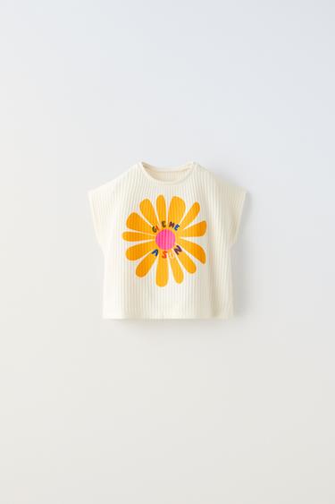 T-SHIRT GAUFRÉ À FLEURS BRODÉES - Blanc cassé de Zara