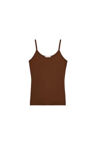 T-SHIRT EN POLYAMIDE À BRETELLES FINES - Marron clair de Zara
