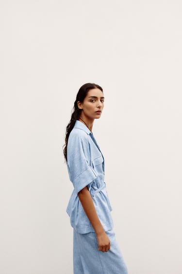 LINEN BLEND SAFARI SHIRT - Light blue by Zara - Image 2