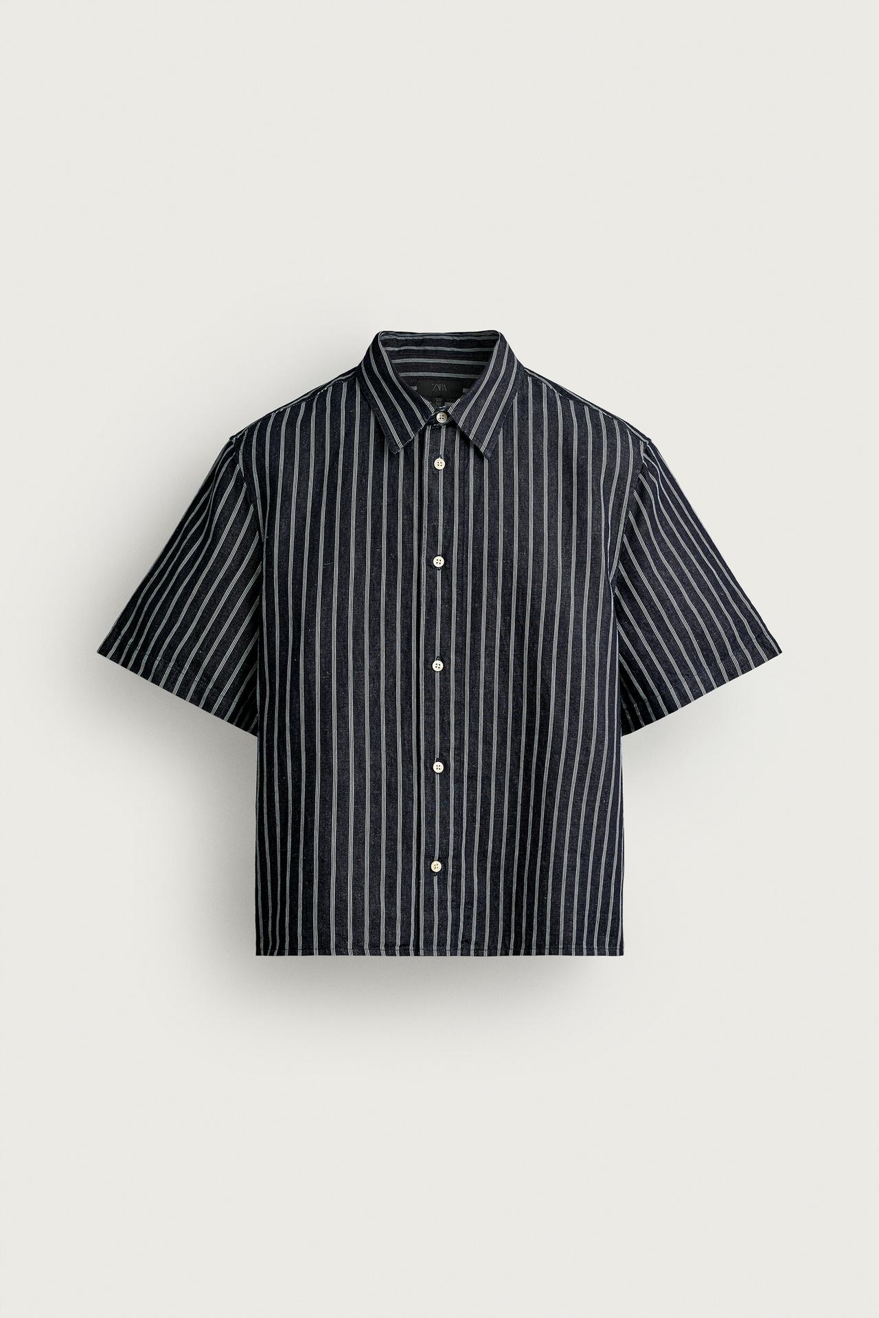 STRIPED COTTON-LINEN DENIM SHIRT — Indigo