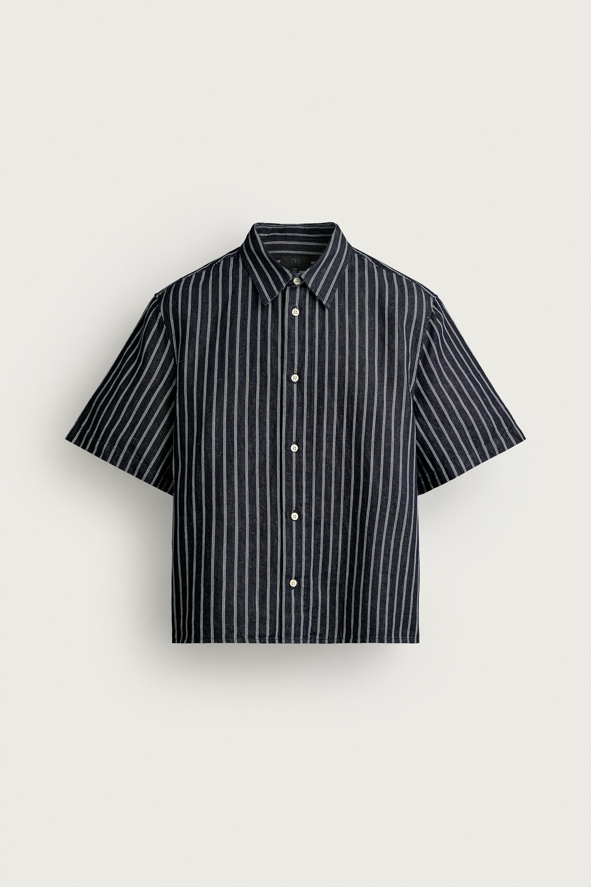 Мужские рубашки Zara STRIPED COTTON-LINEN DENIM SHIRT — фото 7