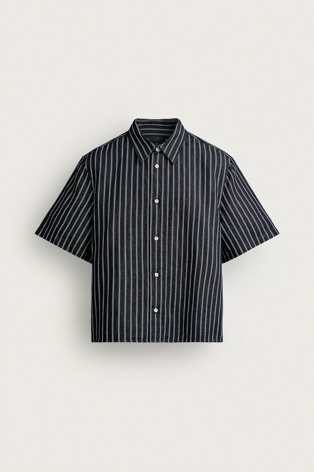 STRIPED COTTON/LINEN DENIM SHIRT