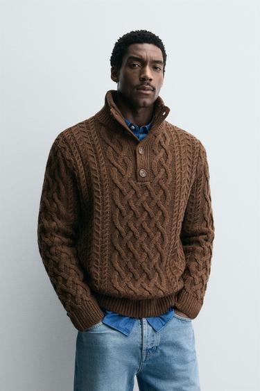 CABLE-KNIT BUTTON-UP JUMPER - Chocolate by Zara