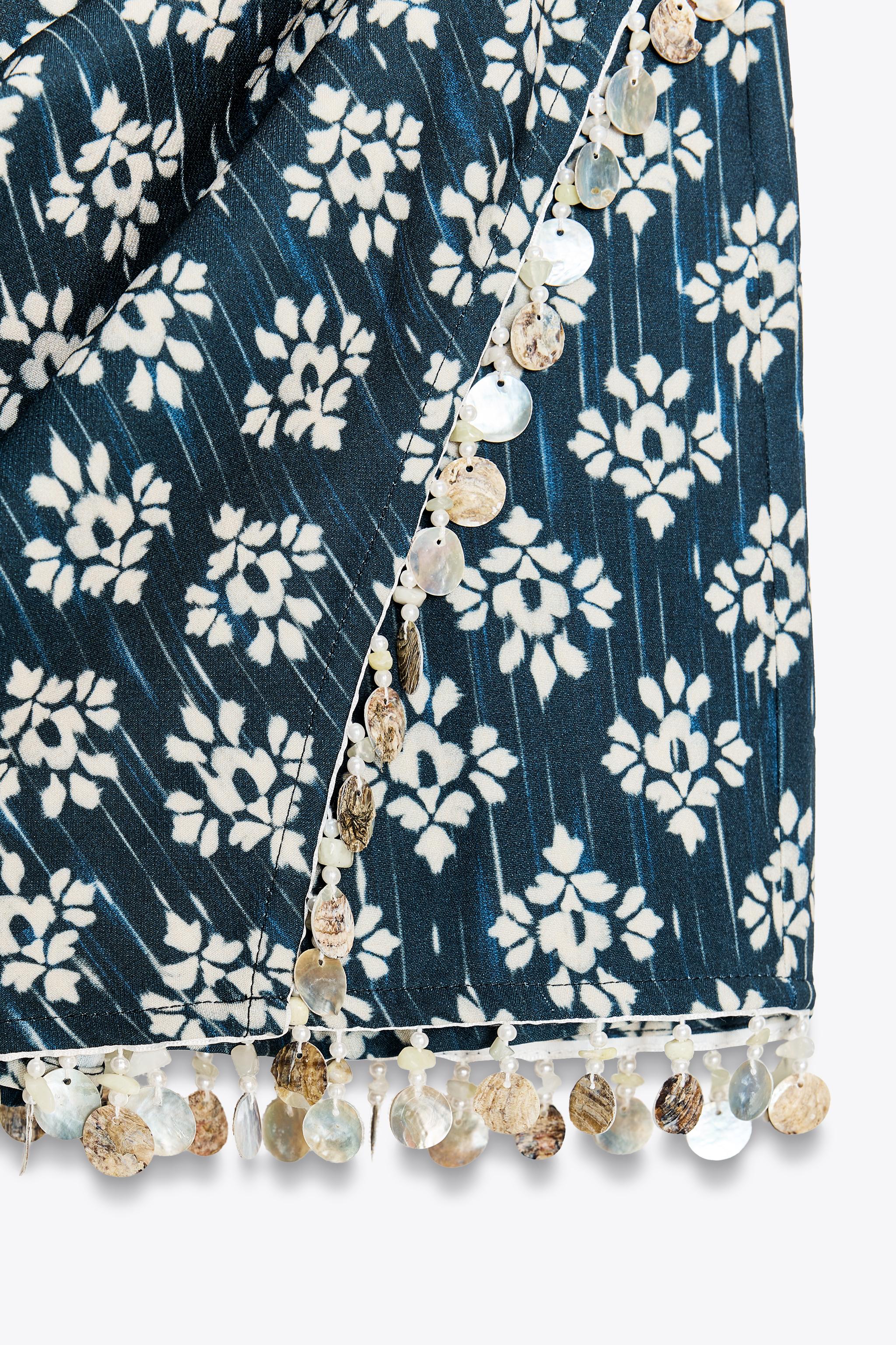 ZARA ビーズ付きプリント柄スコート 8514/051 BEADED PRINTED SKORT - Blue / White | ZARA United States