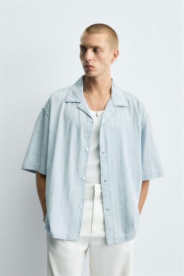 პერანგი გარეცხილი ჟაკარდი ზოლიანი - Zara-ს Light blue