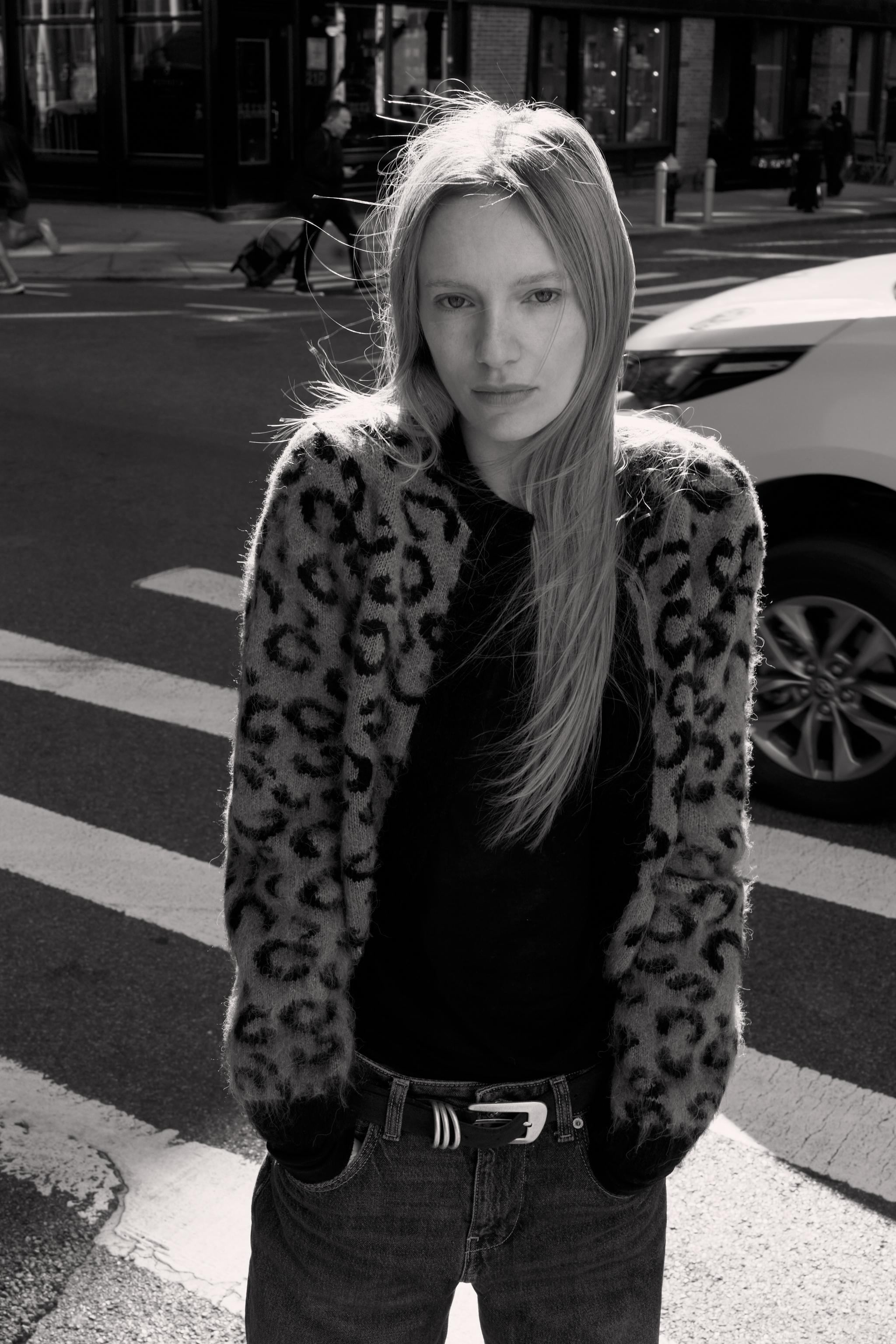 Shop Zara ANIMAL JACQUARD KNIT CARDIGAN at Beverly Center in Los