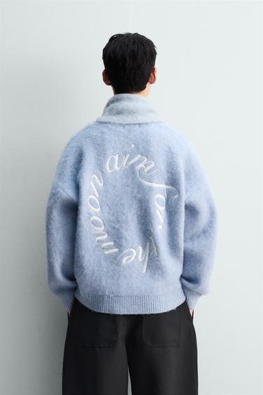 EMBROIDERED TEXT CARDIGAN - Sky blue by Zara