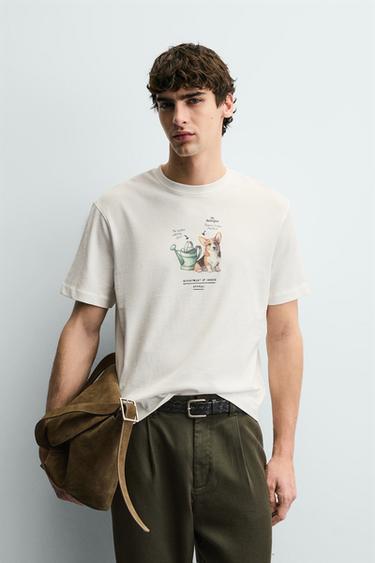 Zara CONTRAST PRINT T-SHIRT - Light beige