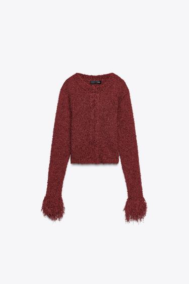 Zara FRINGED KNIT CARDIGAN - Dark burgundy