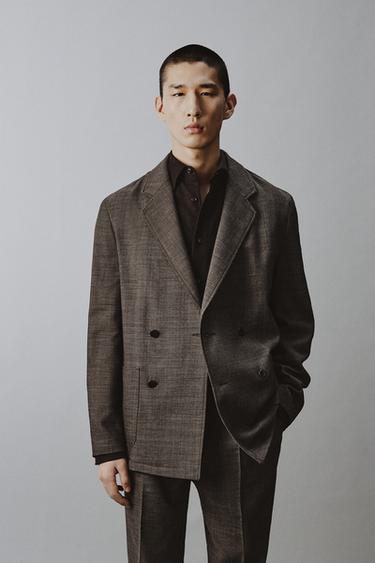 DOUBLE-BREASTED 100% WOOL TEXTURED SUIT BLAZER - Brown by Zara