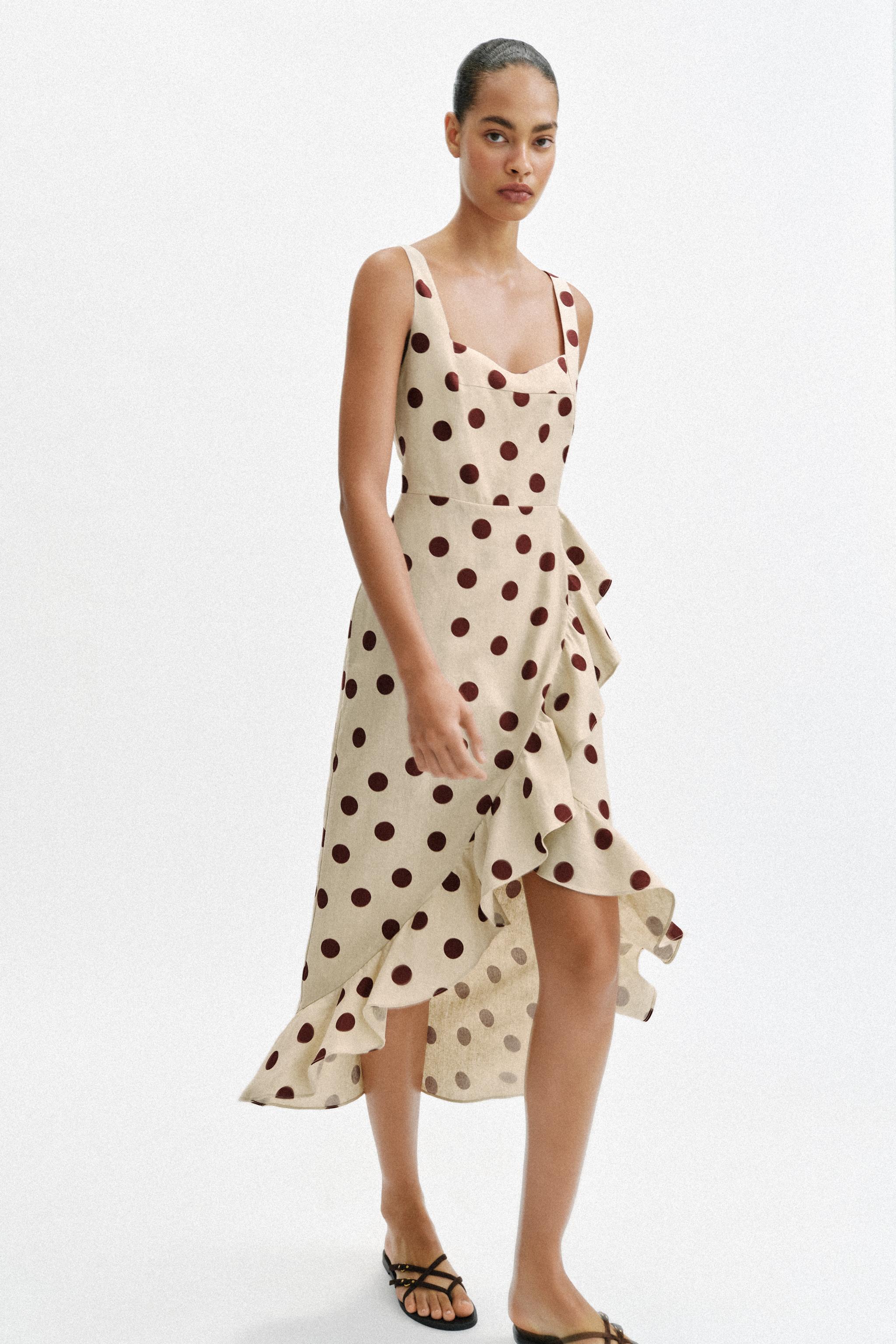 LINEN BLEND POLKA DOT MIDI DRESS