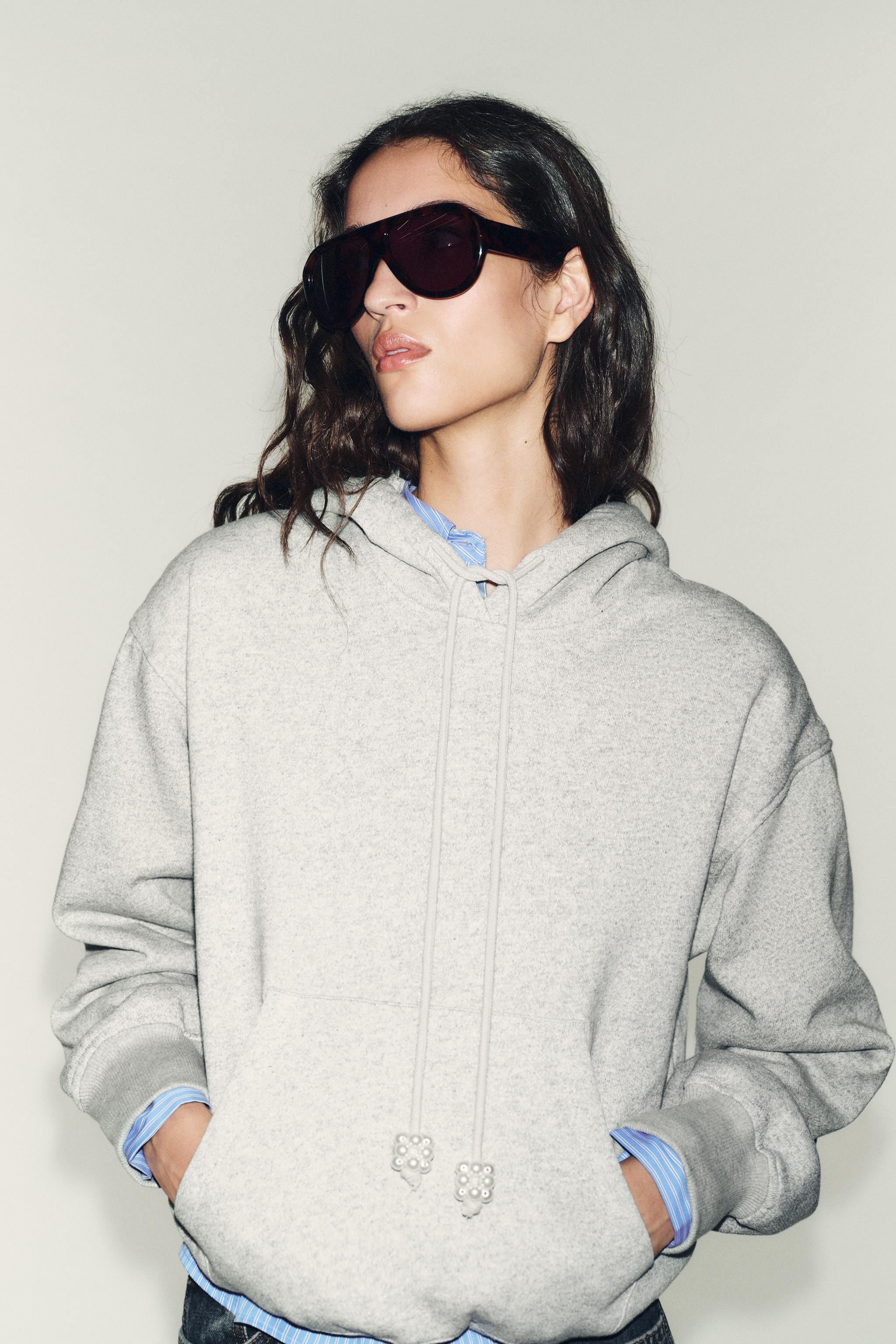 ZARA コントラストドローストリング フーディ グレー 完売品⭐︎ZARA コントラストドローストリングフーディ L ミディアム