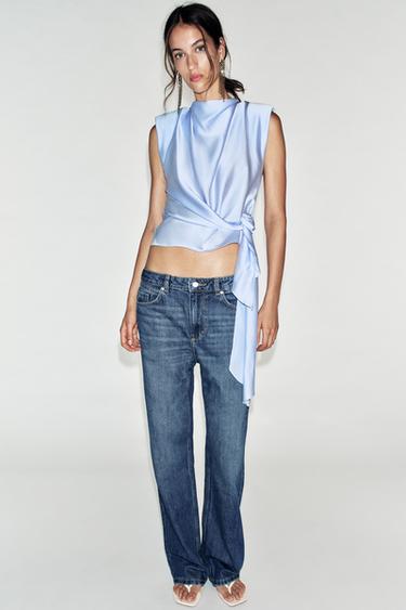 Zara KNOTTED SHOULDER PAD SATIN EFFECT TOP - Light blue