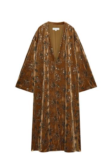 VELVET KIMONO WITH BEADS AND SEQUINS - Ochre by Zara
