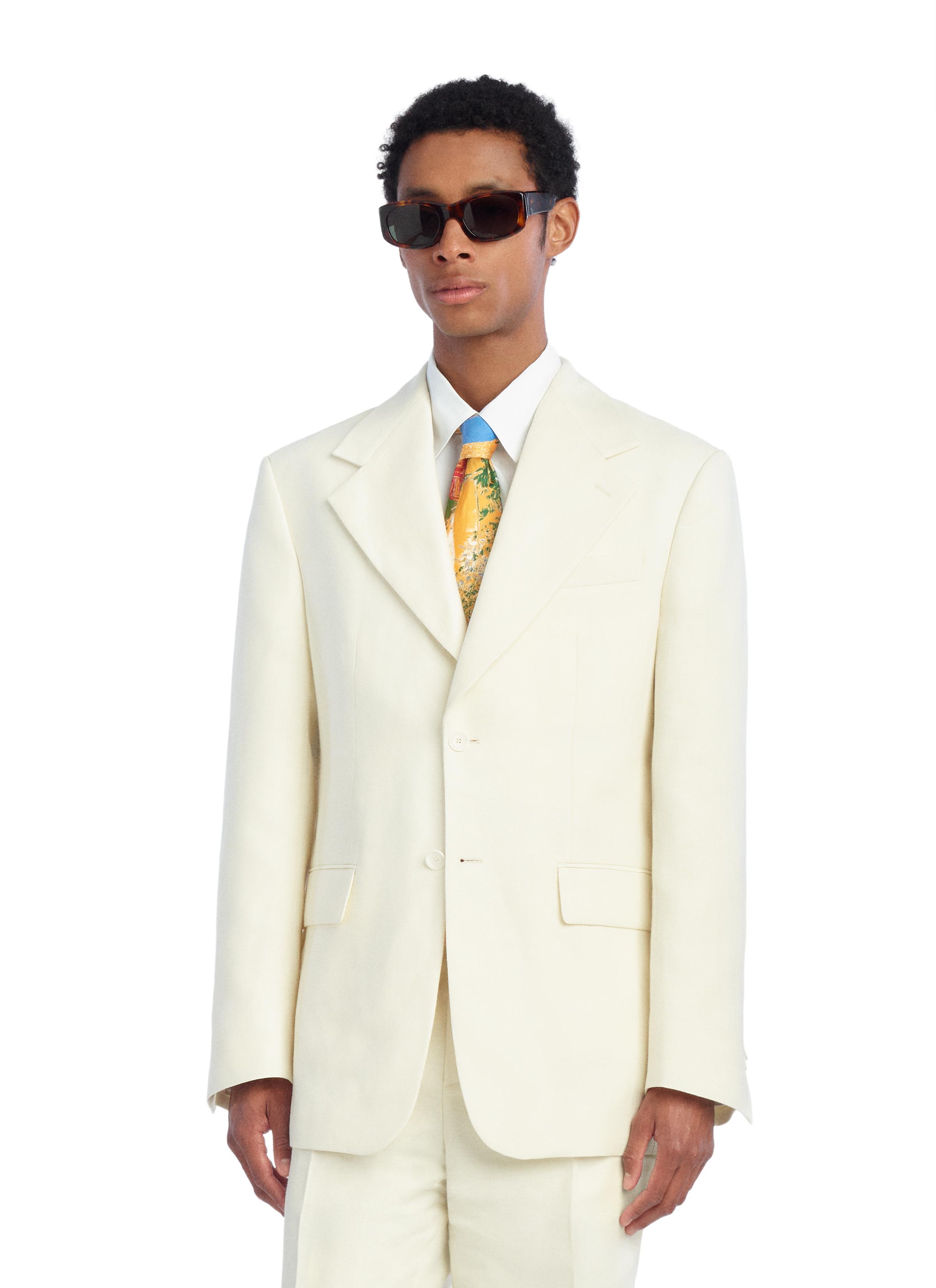OVERSIZED FIT HERRINGBONE LINEN-WOOL SUIT BLAZER — Ecru