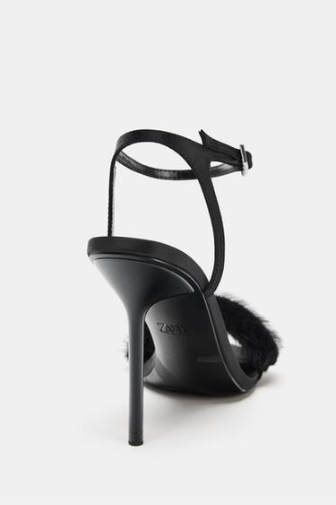 Zara FAUX FUR STRAP HEELED SANDALS - Black