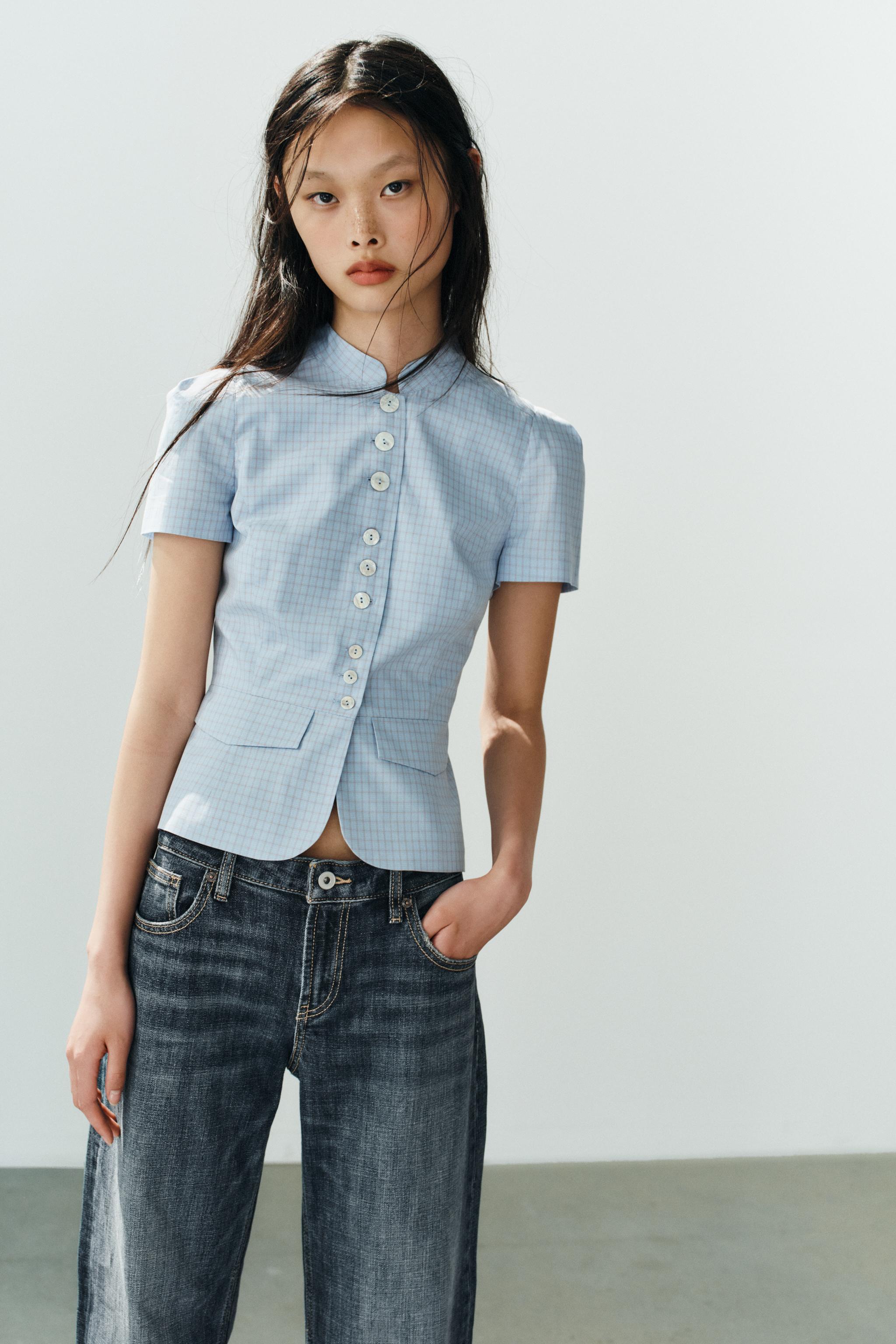 CHECKED PEPLUM TOP — Blues