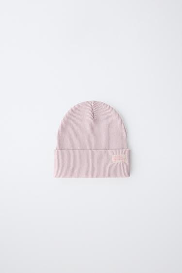 Zara RIBBED KNIT LABEL HAT - Pastel pink