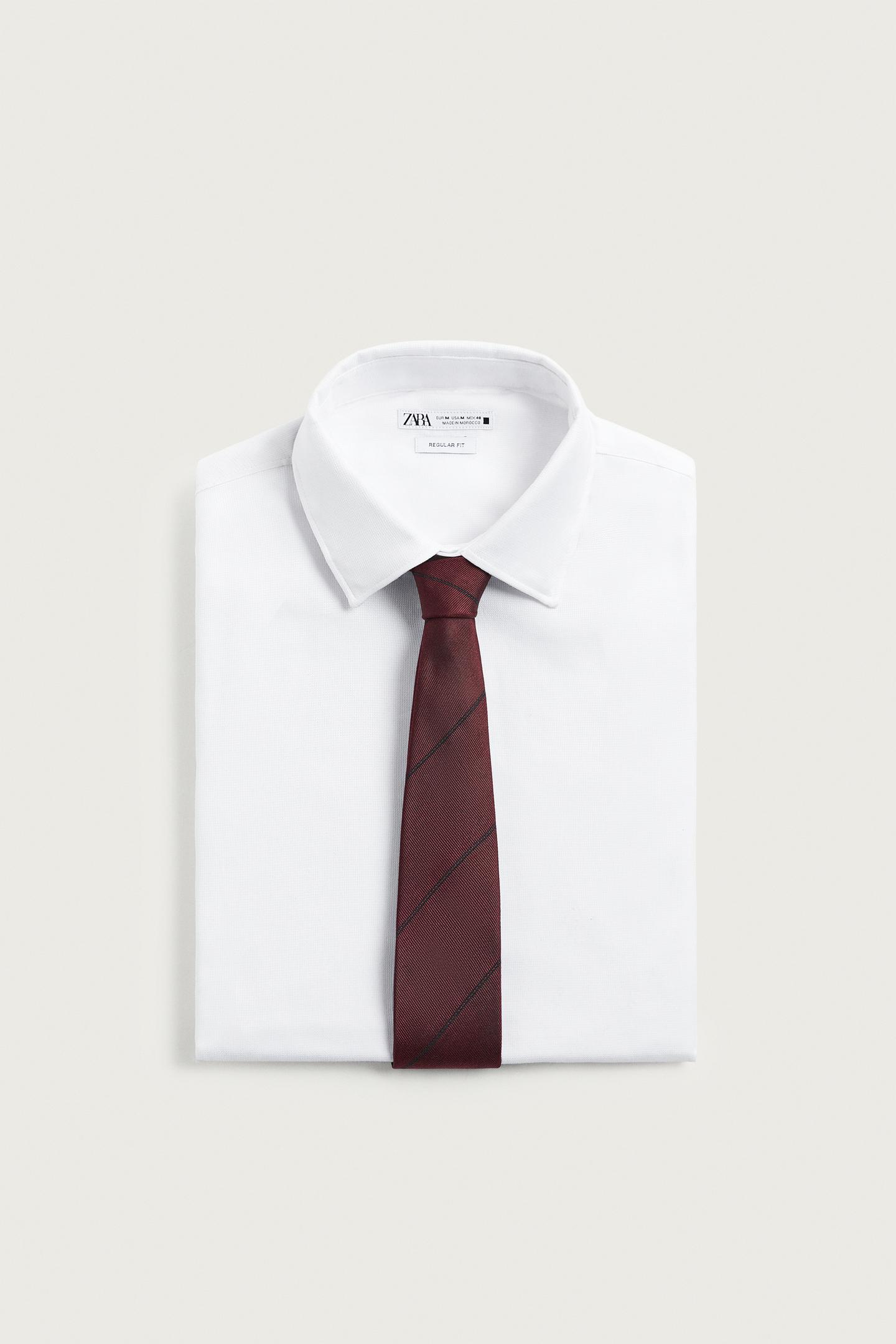 Мужской галстук Zara 100% Silk Striped Tie, цвет: Тёмно-бордовый — фото 5