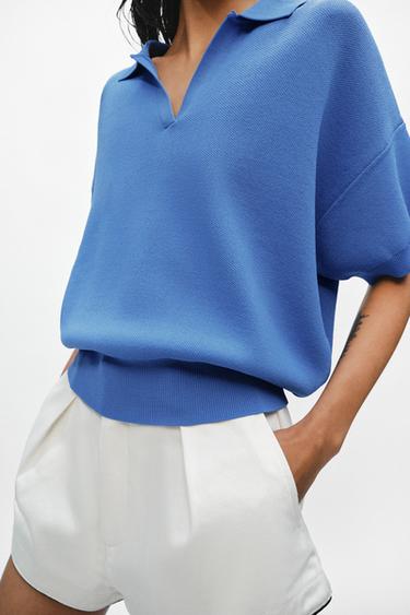 POLO EN MAILLE À MANCHES COURTES - Bleu de Zara - Image 1