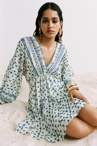 VESTIDO ESTAMPADO HILO METALIZADO - crudo-blanco de Zara