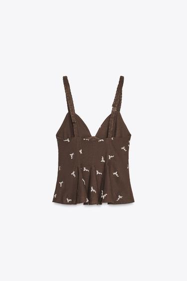 TOP BRODÉ PÉPLUM - Marron de Zara - Image 5