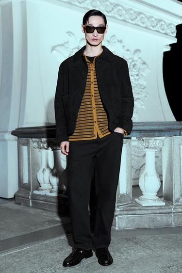 Zara 條紋提花開襟衫 - 芥末色