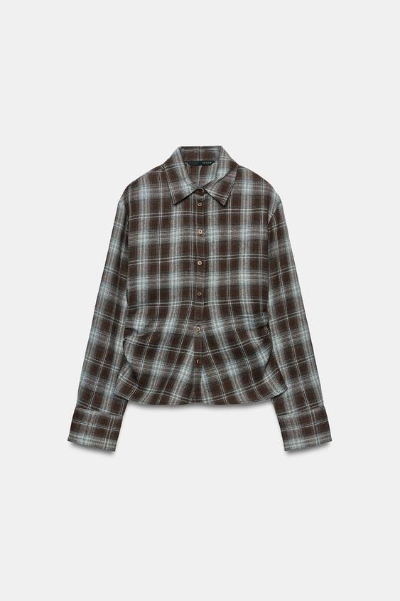 CHECK SHIRT WITH GATHERS - Brown by Zara - Image 0