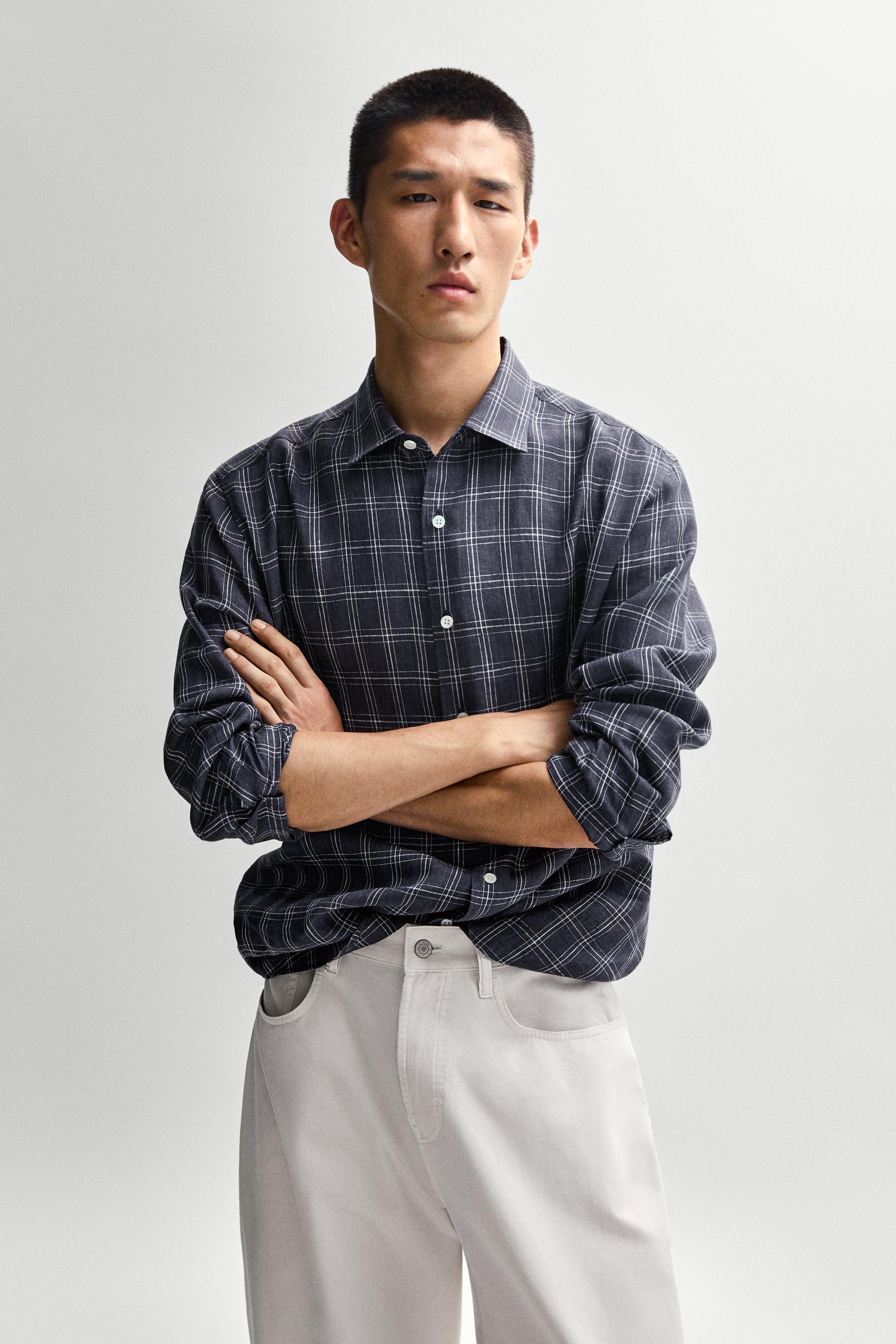 100% linen regular fit check shirt — Blue
