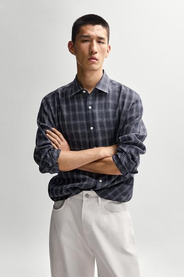 100% linen regular fit check shirt — Blue 1