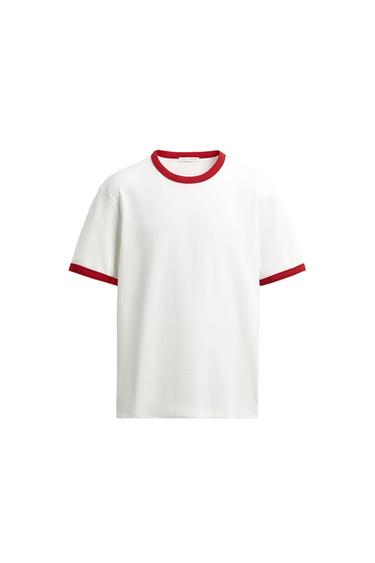 Zara BASIC CONTRAST RIB T-SHIRT - White / Red