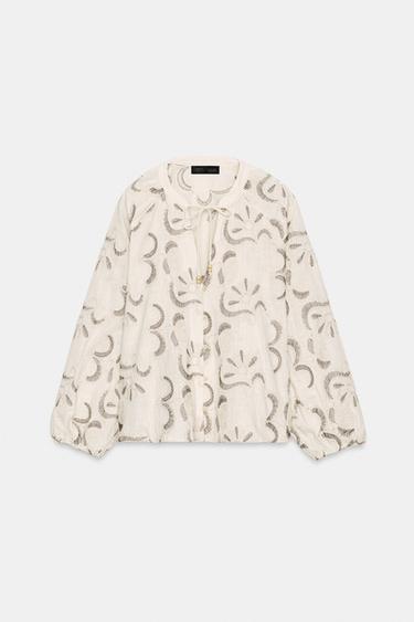 BLUSA RÚSTICA BORDADOS - Crudo / Marrón de Zara - Imagen 0