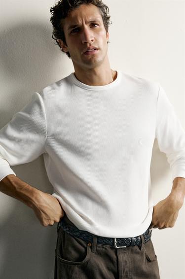 REGULAR FIT WAFFLE-KNIT T-SHIRT - Oyster-white by Zara