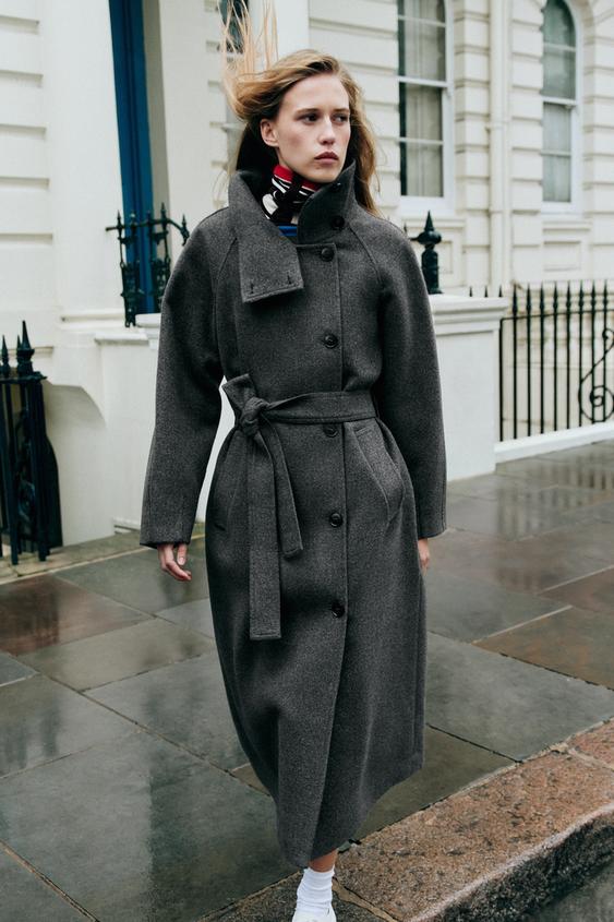 HIGH NECK BELTED COAT - Grey by Zara - Image 0