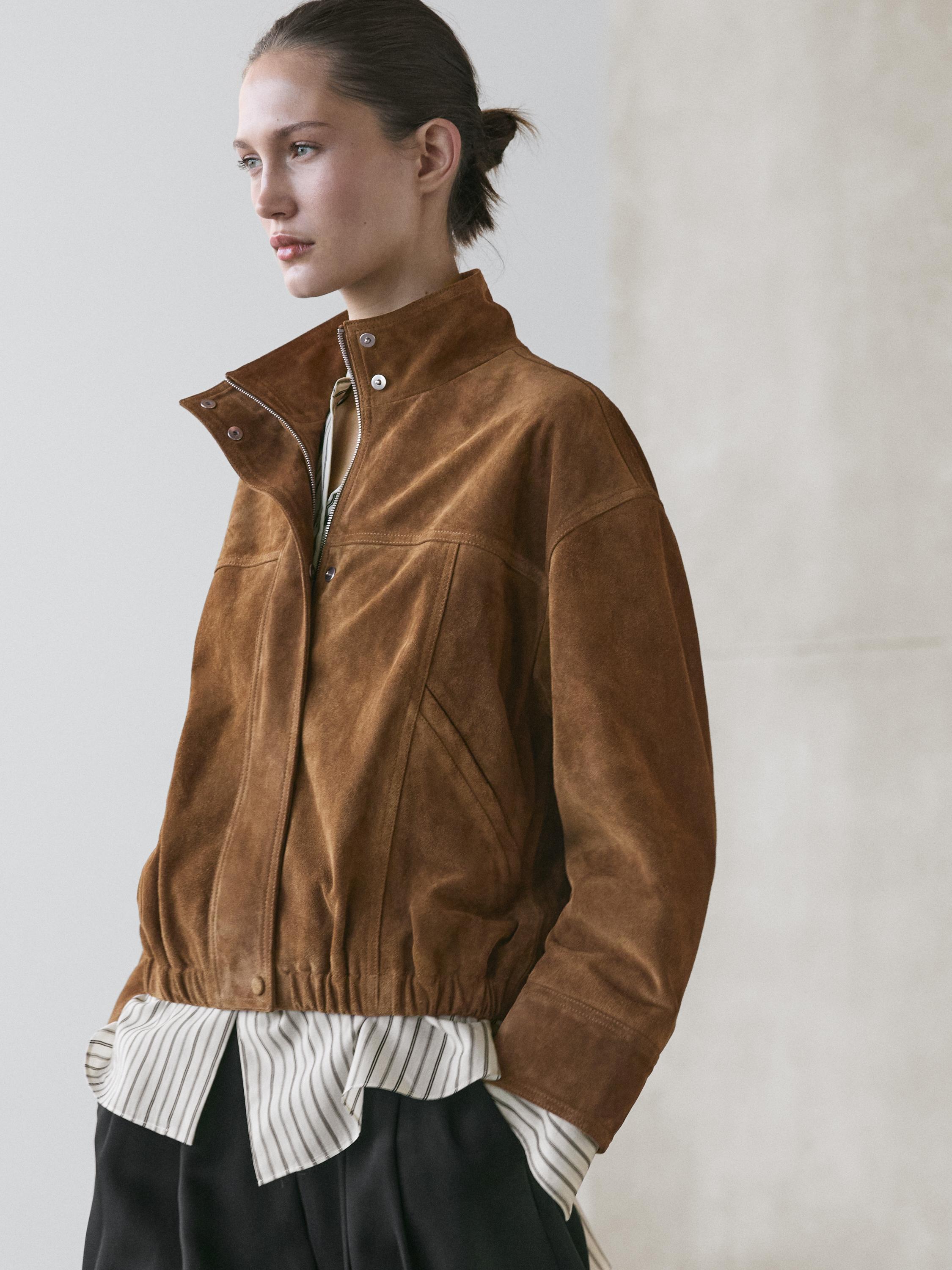 Blouson bomber court en cuir daim