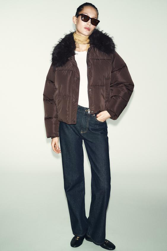 FAUX FUR LAPEL QUILTED BOMBER JACKET
