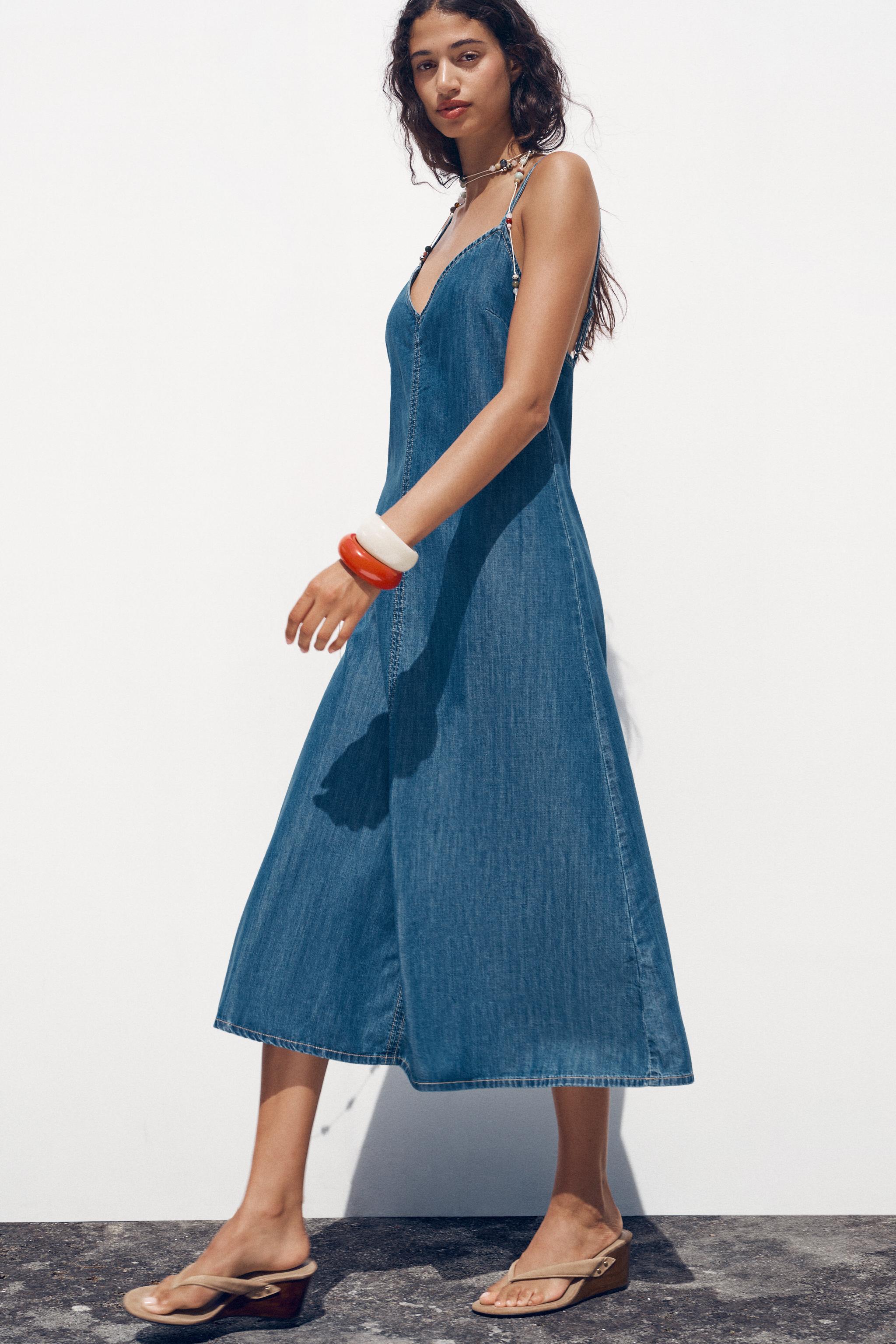 Z1975 デニムストラップ付きミディ丈ワンピース - ブルー | ZARA Z1975 デニムストラップ付きミディ丈ワンピース - ブルー | ZARA