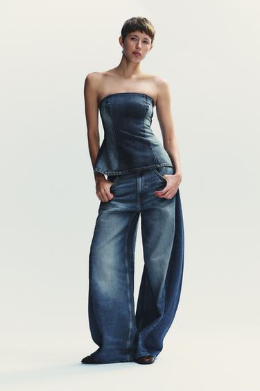 JEANS BALLOON OVERSIZE TRF بسرج عالٍ - بحري الخاص بـ Zara