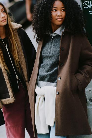 Zara LONG WOOL-BLEND BUTTON-FRONT COAT - Chocolate