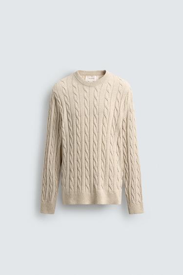 COTTON BLEND CABLE-KNIT JUMPER - Light beige by Zara