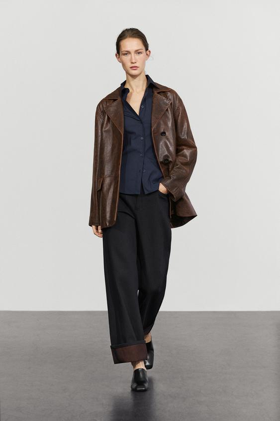 Zara Distressed effect leather blazer - Brown - Image 0