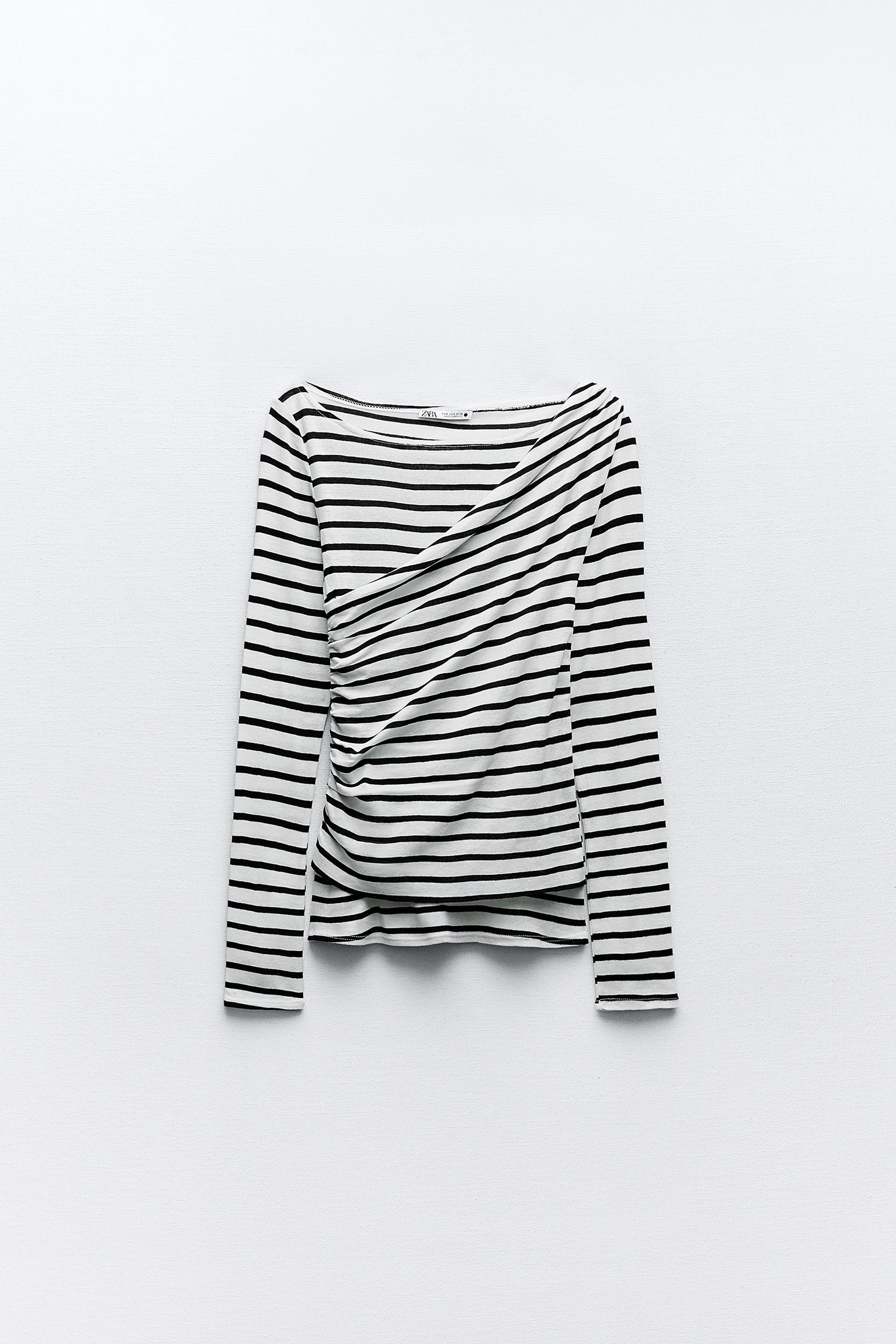 DELICATE STRIPED ASYMMETRIC TOP WITH OVERLAY DETAIL