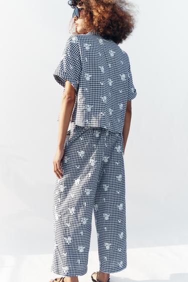 EMBROIDERED CHECK CULOTTES - Navy / White by Zara - Image 4