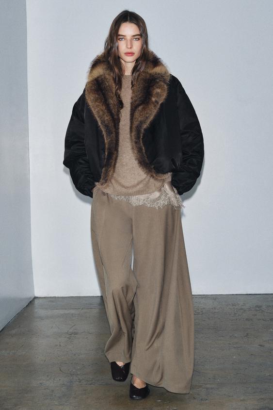 FAUX FUR COLLAR BOMBER JACKET ZW COLLECTION - Black by Zara - Image 0